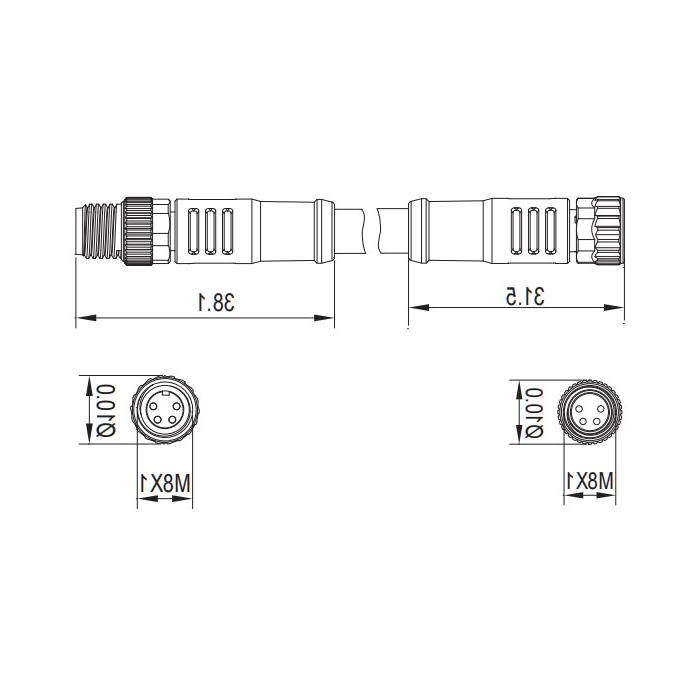 M8 4Pin、母头直型转公头直型、双端预铸PUR柔性电缆、带屏蔽、黑色护套、63D125-XXX